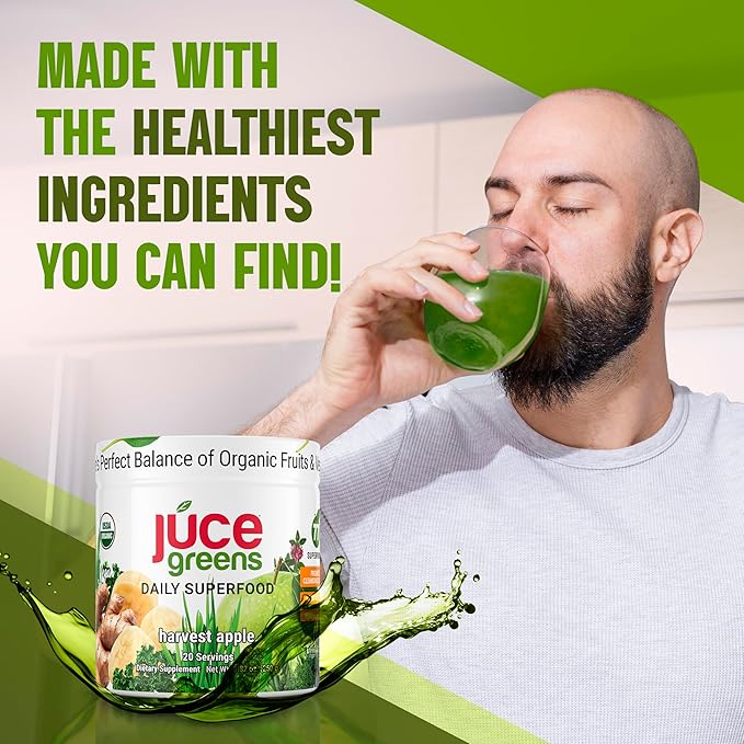 JUCE Green Superfood Powder, Organic Fruits and Veggies Supplement W/ 77 Superfoods Plus Prebiotic Probiotic Blend, Harvest Apple Flavor - 20 Servings (230 g)