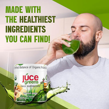 JUCE Green Superfood Powder, Organic Fruits and Veggies Supplement W/ 77 Superfoods Plus Prebiotic Probiotic Blend, Harvest Apple Flavor - 20 Servings (230 g)