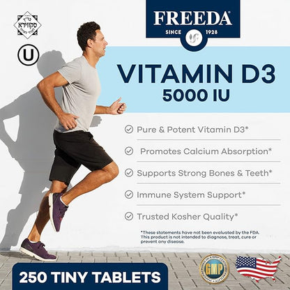 FREEDA Vitamin D3-5000 IU - Pure High Potency Kosher Supplement Tablets - Bone and Muscle Health, Calcium Absorption, Immune Support for Men and Women* - 250 Count