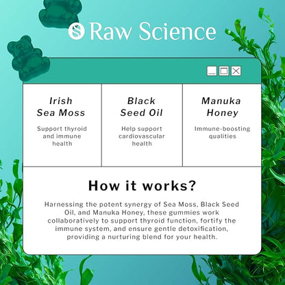 Irish Sea Moss Gummies - Detox Cleanse & Thyroid Support for Women & Men - Black Seed Oil, Manuka Honey, Fenugreek, Chlorophyll, Burdock Root - Gut Health, Immune Support & Energy Supplements - 60 pcs