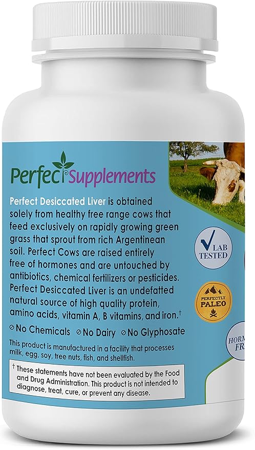 Perfect Supplements – Desiccated Beef Liver Capsules Grass Fed Supplement -Natural Source of Protein, Iron, Vitamins A & B- Boosts Energy and Immunity - No Chemicals No Dairy and Hormone Free