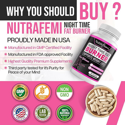 Fat Burners for Women Weight Loss - Night Time Fat Burner with Carb Blocker & Appetite Suppressant - Belly Fat Burner & Thermogenic Metabolism Booster - NSF Approved, 60 Capsules