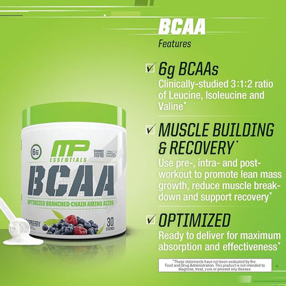 MusclePharm Essentials BCAA Powder, Pre & Post Workout Recovery Drink, Supports Muscle Recovery & Energy Production, Essential Amino Acids Supplement, 30 Servings, Blue Raspberry Flavor
