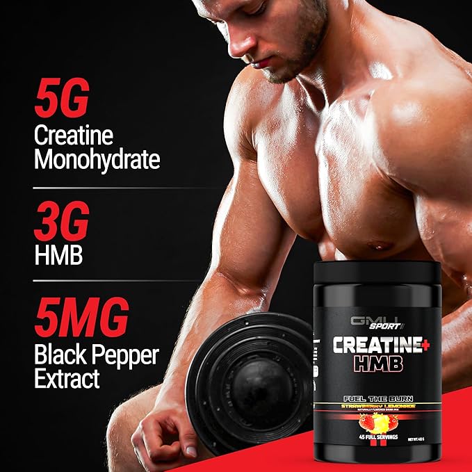 GMU SPORT - Creatine Monohydrate with HMB Powder - 45 Servings, Creatine HMB Supplements, Creatine with HMB for Increased Strength, Muscle Growth & Enhanced Energy, 3G HMB, Strawberry Lemonade