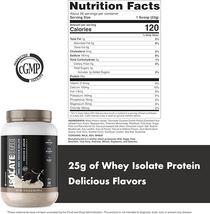 NutraOne IsolateOne Whey Isolate Protein Powder 100% Pure Whey Isolate Powder (Cookies & Cream - 28 Servings)