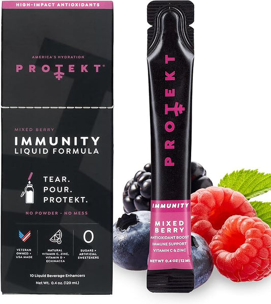 PROTEKT Liquid Immune Support Supplement - Liquid Drink Mix, Immunity Supplement, Immune Boosters for Adults, Sugar-Free Liquid Vitamin C and Liquid Zinc Immunity Support - Immunity, Mixed Berry 10ct