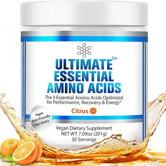Ultimate 100% Essential Amino Acids Powder for Men & Women [Citrus Flavor, 30 (5g) Servings] All 9 EAAs with 40% Leucine in Optimized BCAA Ratio - Increase Energy, Muscle & Recovery - Vegan & Keto