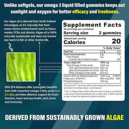Vegan Omega 3 Gummies 1000mg w/MethylFolate, Vitamin B12, Plant Based DHA 460mg & EPA 230mg for Brain, Joint, Eye & Immunity, Sugar Free Fish Oil Omega 3 Supplements Alternative for Adults, 60 Cts