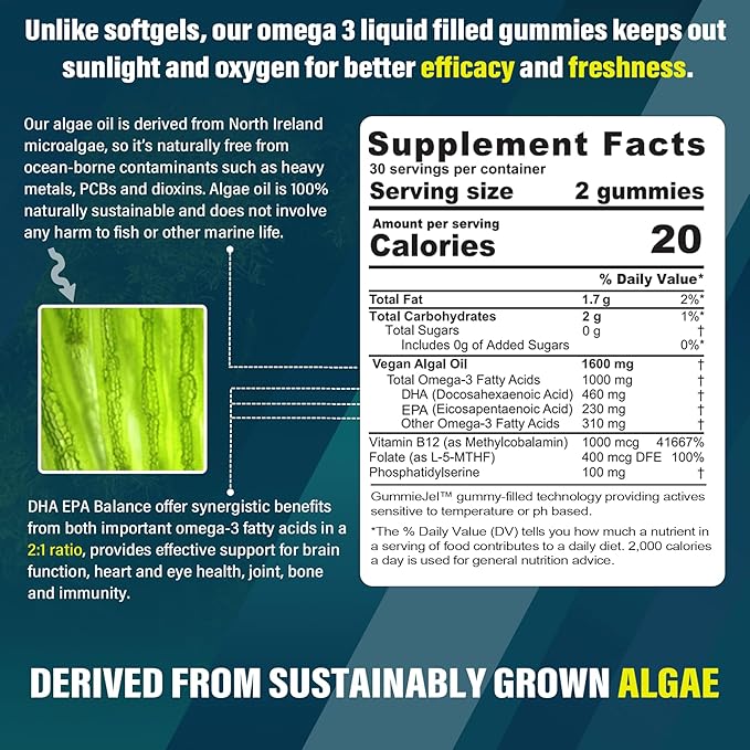 Vegan Omega 3 Gummies 1000mg w/MethylFolate, Vitamin B12, Plant Based DHA 460mg & EPA 230mg for Brain, Joint, Eye & Immunity, Sugar Free Fish Oil Omega 3 Supplements Alternative for Adults, 120 Cts