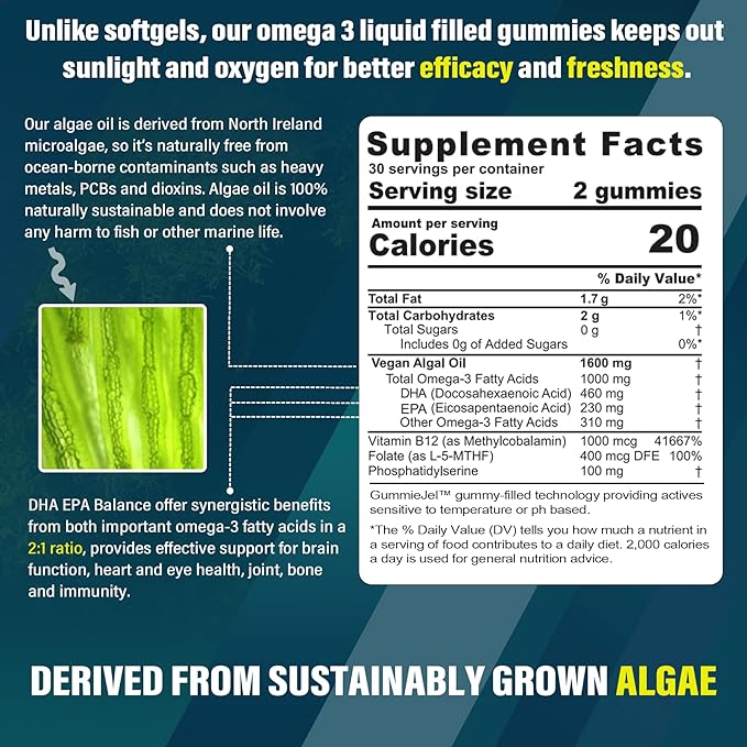 Vegan Omega 3 Gummies 1000mg w/MethylFolate, Vitamin B12, Plant Based DHA 460mg & EPA 230mg for Brain, Joint, Eye & Immunity, Sugar Free Fish Oil Omega 3 Supplements Alternative for Adults, 60 Cts
