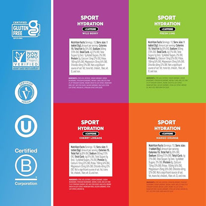 Nuun Sport + Caffeine Electrolyte Tablets - Dissolvable in Water, Mixed Flavor Box, 5 Essential Electrolytes for Hydration, 1g Sugar Drink Mix, Vegan, Non-GMO, 4 Pack (40 Servings)