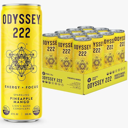 Odyssey Elixir - Odyssey 222 - Sparkling Energy Drink - 222 mg of Caffeine - Lion's Mane & Cordyceps - Energy & Focus - Endurance & Stamina - Nootropic - Pre Workout - Pineapple Mango