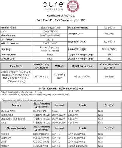 Pure Therapro Rx Saccharomyces 10B - Saccharomyces Boulardii, 10 Billion CFU Per Serving, Patented Strain CNCM I-3799, Probiotic Capsules, Probiotics for Men and Women - 240 Count (Pack of 1)