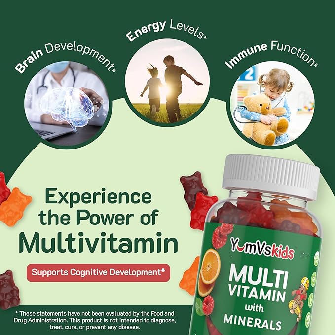 YumVs Kids Multivitamin Gummies - Fruit Flavored Chewable Children's Multivitamin - Kids Vitamins Multivitamin Gummy with 12 Minerals & Vitamins A C D3 E B6 B12 - Kosher Halal Gluten Free (120 Count)