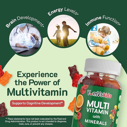 YumVs Kids Multivitamin Gummies - Fruit Flavored Chewable Children's Multivitamin - Kids Vitamins Multivitamin Gummy with 12 Minerals & Vitamins A C D3 E B6 B12 - Kosher Halal Gluten Free (120 Count)
