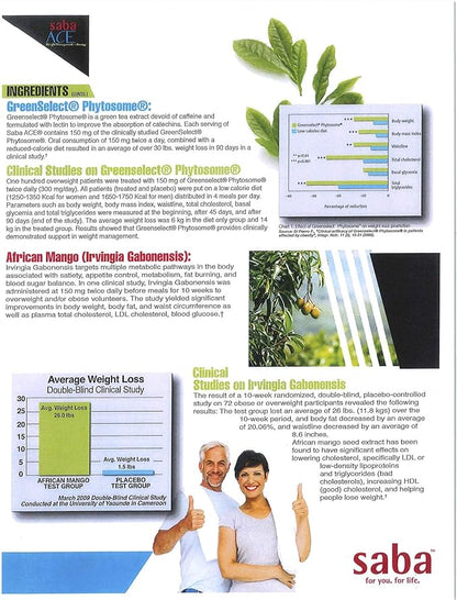 Saba ACE™- Weight Management, Suppress Hunger, Boost Energy, Enhance Mood, Boost Metabolism, and Increase Overall Performance -for Women and Men -60 Capsules