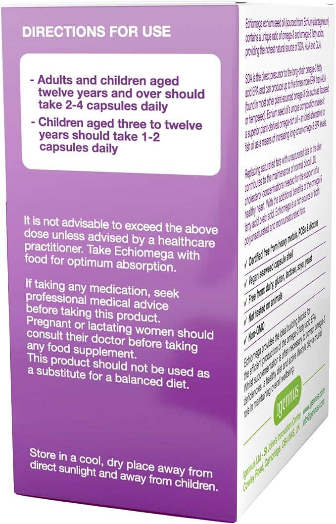 Echiomega Vegan Triple Omega 3 6 9 500 mg, Echium Seed Oil, EFA Supplement for Women with GLA, 60 Softgels