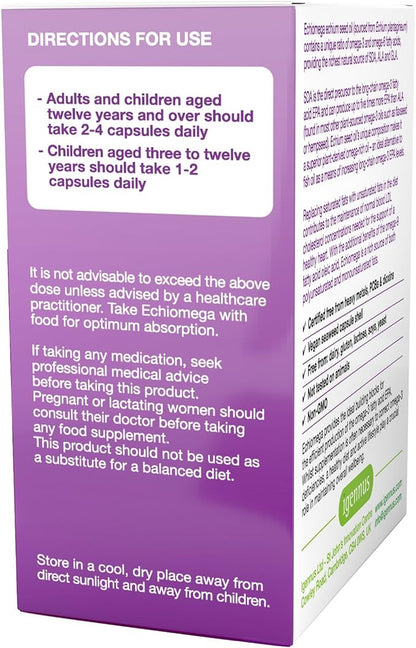 Echiomega Vegan Triple Omega 3 6 9 500 mg, Echium Seed Oil, EFA Supplement for Women with GLA, 60 Softgels