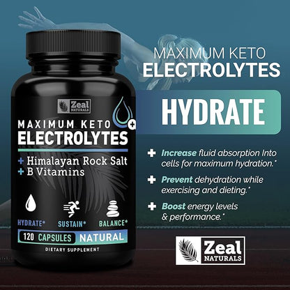 Keto Electrolyte Supplement (120 Capsules) Maximum Keto Electrolytes Supplements Pills w Pink Himalayan Salt, B Vitamins, Magnesium and Potassium Supplement - Salt Pills & Electrolyte Tablets
