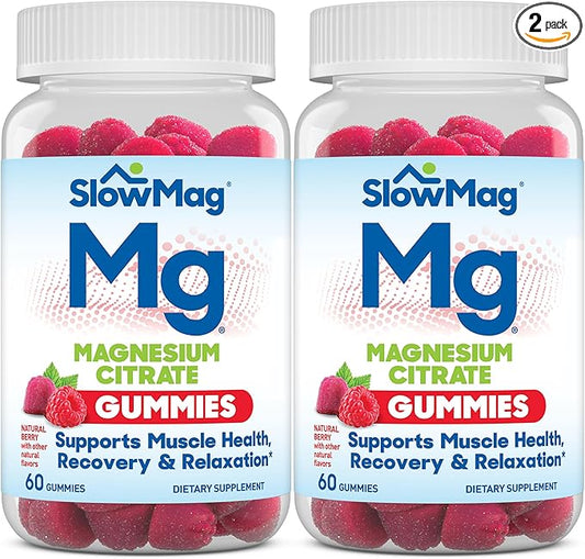 SlowMag Magnesium Citrate Gummies - Supports Muscle Health, Recovery & Relaxation, Natural Berry Flavored, 60 Count Pack of 2