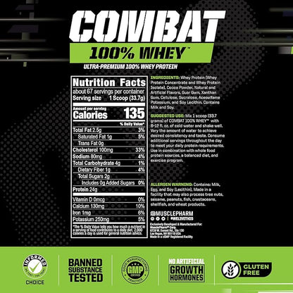 MusclePharm Combat 100% Whey Protein Powder, Chocolate Milk, Fast Recovery & Muscle Gain with Whey Protein Isolate, High Protein Powder for Women & Men, Gluten Free, 5 Lb, 70 Servings