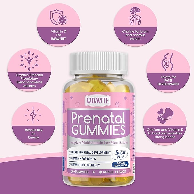 Sugar Free Prenatal Gummies — 30+ Nutrients (Choline, Folate, Iron, Vitamin) for Fetal and Neural Support, Bones, Energy & Immunity — USA-Made Vegan Prenatal Vitamins for Women (60 Gummies)
