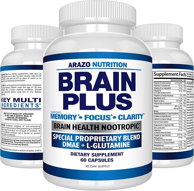 Arazo Nutrition Premium Brain Function Supplement – Memory, Focus, Clarity – Nootropic Booster with DMAE, Bacopa Monnieri, L-Glutamine, Multi Vitamins, Multi Minerals