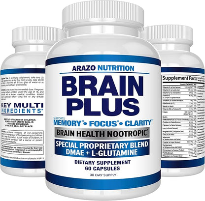 Arazo Nutrition Premium Brain Function Supplement – Memory, Focus, Clarity – Nootropic Booster with DMAE, Bacopa Monnieri, L-Glutamine, Multi Vitamins, Multi Minerals