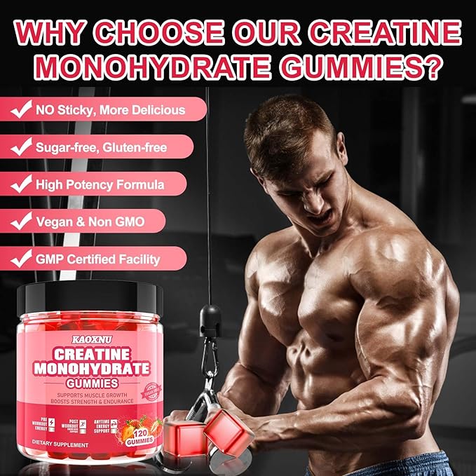 Creatine Monohydrate Gummies for Men & Women 120 CT - 5600mg of Creatine Monohydrate per Serving - Sugar Free Chewable Creatine for Muscle Strength, Energy Boost, Muscle Builder (Strawberry Flavor)