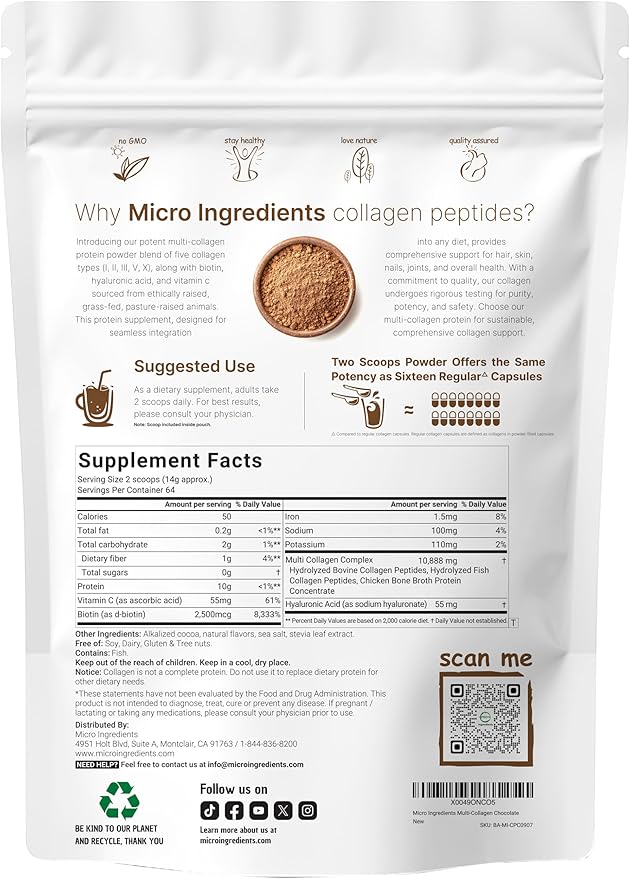 Multi Collagen Protein Powder, 2 Pounds – Type I,II,III,V,X with Biotin, Hyaluronic Acid, Vitamin C – Chocolate Flavored Collagen Peptides – Keto & Paleo Friendly, Easy Dissolve, Non-GMO