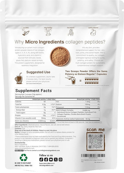 Multi Collagen Protein Powder, 2 Pounds – Type I,II,III,V,X with Biotin, Hyaluronic Acid, Vitamin C – Chocolate Flavored Collagen Peptides – Keto & Paleo Friendly, Easy Dissolve, Non-GMO