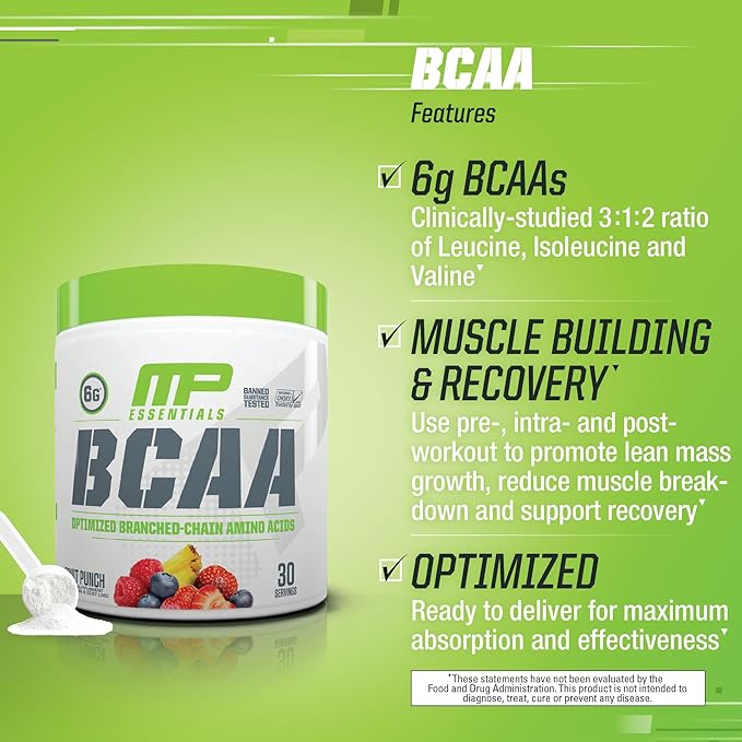 MusclePharm Essentials BCAA Powder, Pre & Post Workout Recovery Drink, Supports Muscle Recovery & Energy, Essential Amino Acids, 30 Serv, Fruit Punch
