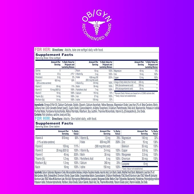 One A Day Men's & Women's Pre-Pregnancy Multivitamin Softgel including Vitamins A, Vitamin C, Vitamin D, B6, B12, Folic Acid & more, 30+30 Count, Supplement for Before, During, and Postnatal