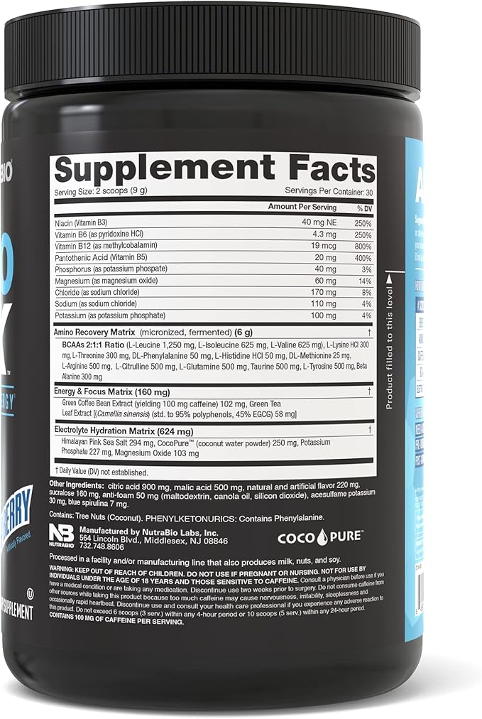 NutraBio Amino Kick - Amino Acid Energy Formula - BCAA's, Electrolytes for Hydration, Natural Caffeine 30 Servings (Blue Raspberry)