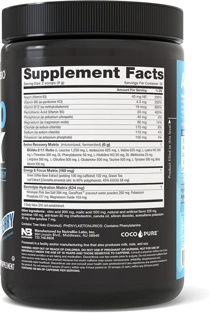 NutraBio Amino Kick - Amino Acid Energy Formula - BCAA's, Electrolytes for Hydration, Natural Caffeine 30 Servings (Blue Raspberry)