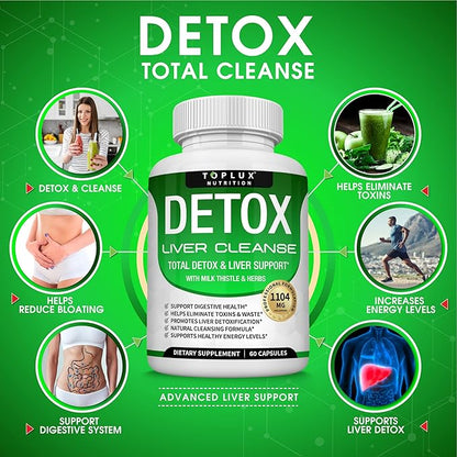 Detox Cleanse Liver Support & Repair Formula - Liver Cleanser Natural 5 Day Detox, Support Digestion System, Flush Toxins & Urinary Tract, Milk Thistle Extract 25+ Herbs, 60 Capsules, Toplux Nutrition
