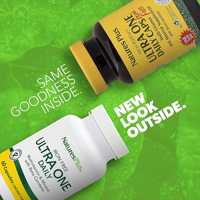 Natures Plus Ultra One Iron Free - 60 Easy to Swallow Capsules - High Potency Once Daily Multivitamin & Mineral Supplement - Natural Energy - Vegetarian, Gluten-Free - 60 Servings
