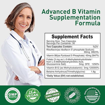 Active folate (5-MTHF) with Vitamins B Complex, B12, B2, and B6 - Supports methylation and Healthy Level of homocysteine - Gluten-Free, Dairy-Free, Soy-Free - 60 Capsules 5mg L-Methylfolate