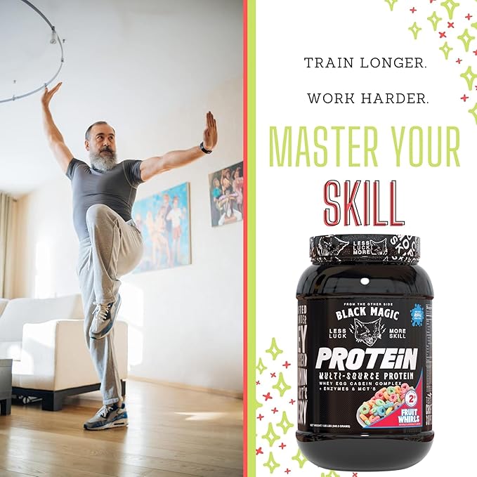 Worldwide Nutrition Black Magic Multi-Source Protein Powder - Whey, Egg Albumin Enzymes, Micellar Casein & MCTs - Muscle Mass Gaining - Fruit Whirls Flavor - 2 LB with Bonus Multi Purpose Key Chain