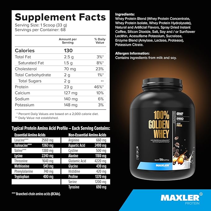 Maxler 100% Golden Whey Protein - 23g of Premium Whey Protein Powder per Serving - Pre, Post & Intra Workout Recovery - Fast-Absorbing Whey Hydrolysate, Isolate & Concentrate Blend - Cappuccino 5 lbs