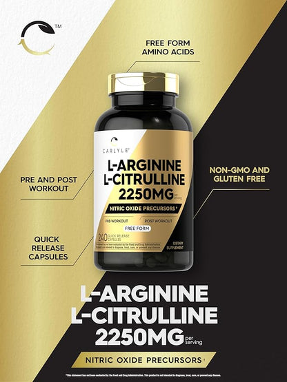 Carlyle L-Arginine L-Citrulline Supplement | 2250mg | 240 Capsules | Nitric Oxide Precursors | Free Form | Non-GMO & Gluten Free