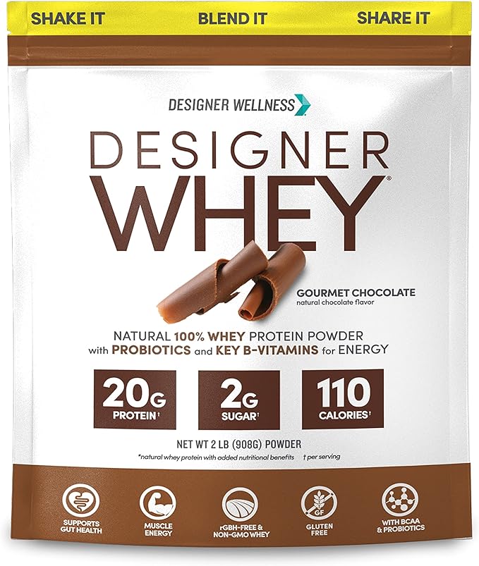 Designer Wellness, Designer Whey, Natural Whey Protein Powder with Probiotics, Fiber, and Key B-Vitamins for Energy, Gluten-Free, Gourmet Chocolate, 2 lb