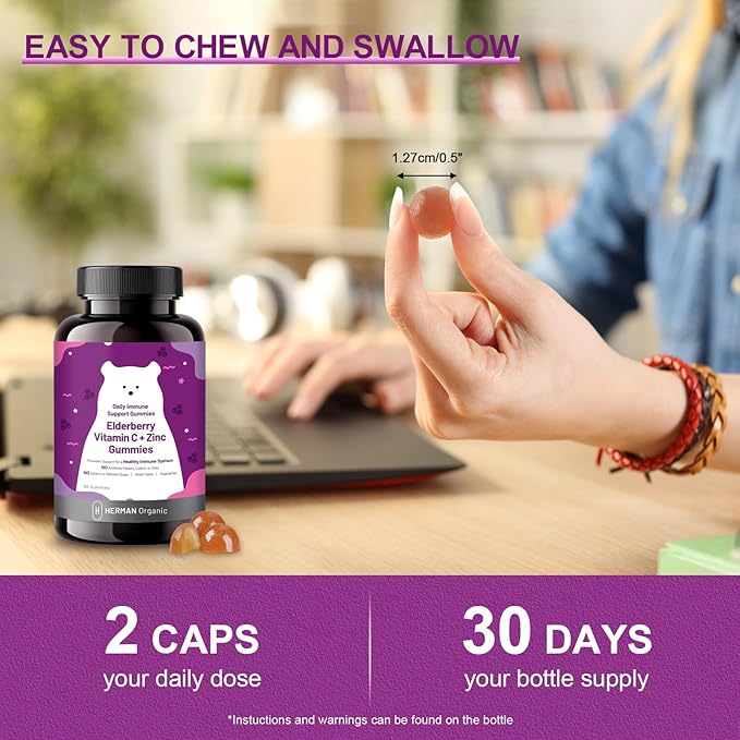 Herman Organic Elderberry Gummies for Kids and Adults,with Vitamin C, Zinc and Sodium, 3-in-1 Daily Immune Support Supplement,Gluten Free, Vegetarian(60 Gummies)