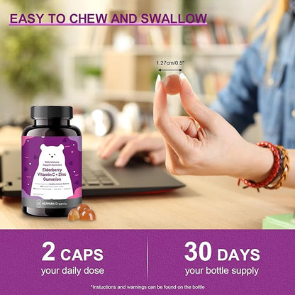 Herman Organic Elderberry Gummies for Kids and Adults,with Vitamin C, Zinc and Sodium, 3-in-1 Daily Immune Support Supplement,Gluten Free, Vegetarian(60 Gummies)