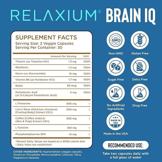 BrainIQ Nootropic Brain Supplements for Memory and Focus | Memory Supplement for Brain Health | Cognitive Supplement & Memory Pill with Lion's Mane, L-threonine & Coffee Extract | Vegan, 60 Capsules