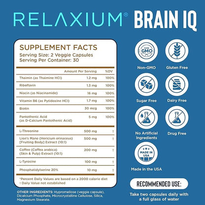 BrainIQ Nootropic Brain Supplements for Memory and Focus | Memory Supplement for Brain Health | Cognitive Supplement & Memory Pill with Lion's Mane, L-threonine & Coffee Extract | Vegan, 60 Capsules