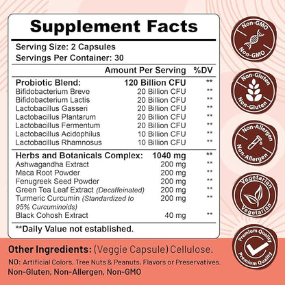 Menopause supplements for women, 120 Billion CFU Probiotic, 13-in-1 Herbs & Botanicals Complex, for Hormone Menopause, Hot Flashes, Night Sweats, Mood Swings, Sleep Disturbances, Vegan, 5Packs
