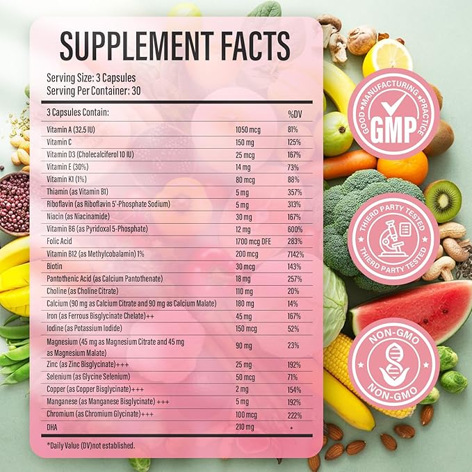 Prenatal Vitamins for Women multivitamin with Folic Acid DHA Choline for Pregnant and Nursing Women Niacinamide Biotin and Minerals 27 in 1 Needed Supplement 90 Capsules-30 Servings-White