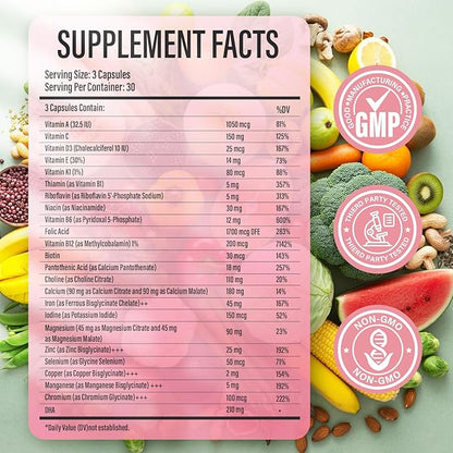 Prenatal Vitamins for Women multivitamin with Folic Acid DHA Choline for Pregnant and Nursing Women Niacinamide Biotin and Minerals 27 in 1 Needed Supplement 90 Capsules-30 Servings-White