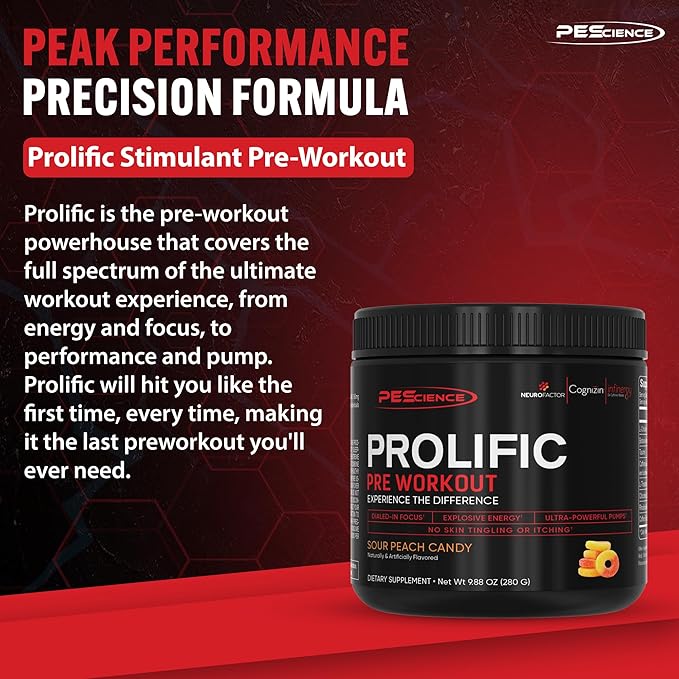 PEScience Prolific Pre Workout Powder, Sour Peach Candy, 40 Scoop, Energy Supplement with Nitric Oxide, KK Fit Signature Flavor
